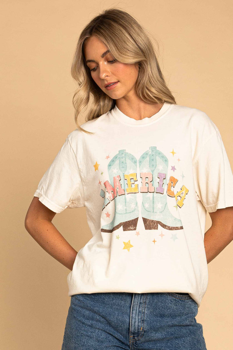 America Boots Graphic with rhinestone Tee